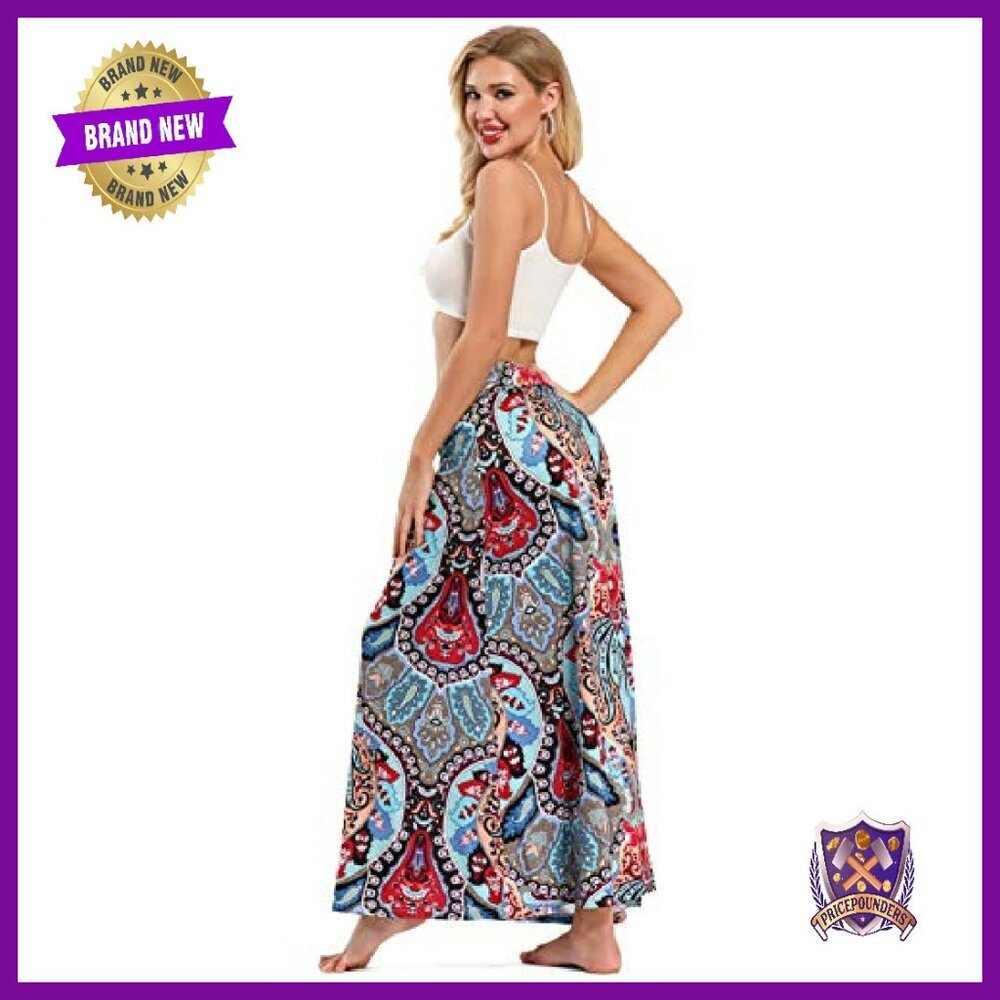 Long Maxi Skirt Elastic Waist Bohemian Print Lightweight Casual - Picture 6 of 8
